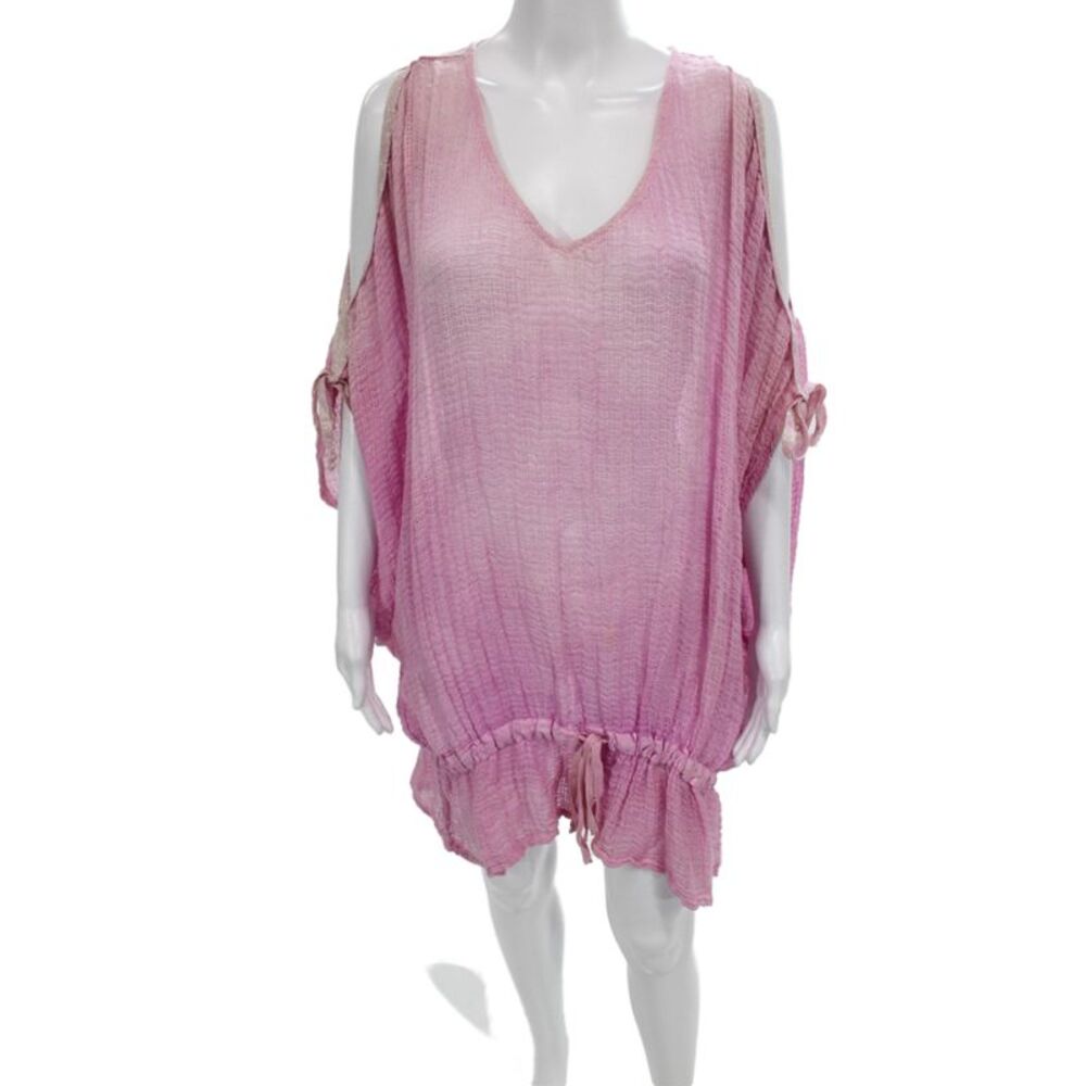 Sunday Womens Tunic Blouse Pink V Neck Short Sleeve Above Knee Size One Size